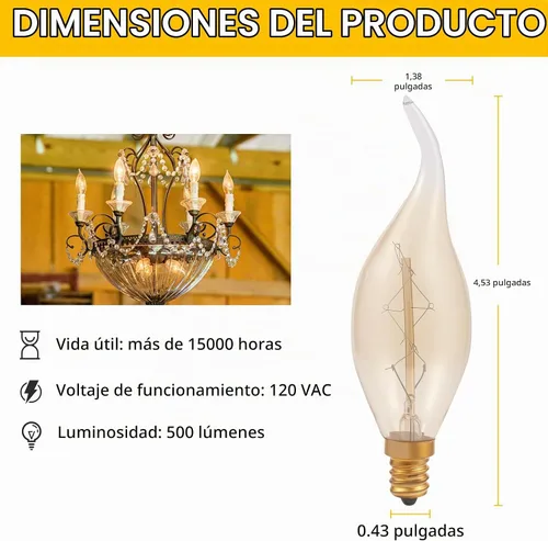 Vista 3 de SCOMX E12 Edison - Lámpara incandescente de energía equivalente vintage de 40 W, 110-130 V, bombilla de punta de llama doblada de 280 lúmenes