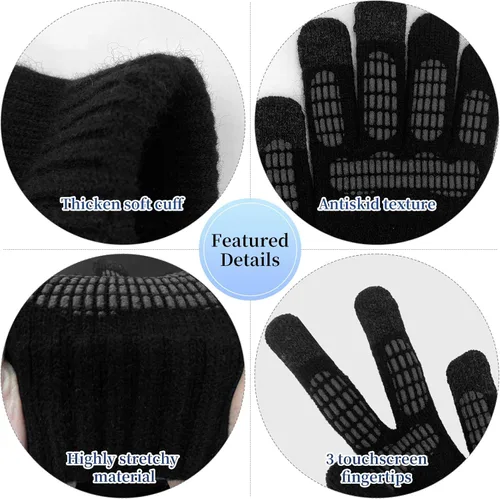 Vista 4 de Beanie Hat and Touchscreen Gloves with Winter Scarf 3PCS Set for Men Women Negro
