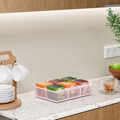 Vista 5 de Tea Bag Organizer 6 Grids. Mesh Tea Bag Holder with Handle, Teabag Holder, Tea Station Organizer for Countertop, Pantry, Kitchen, Cabinet - Pink