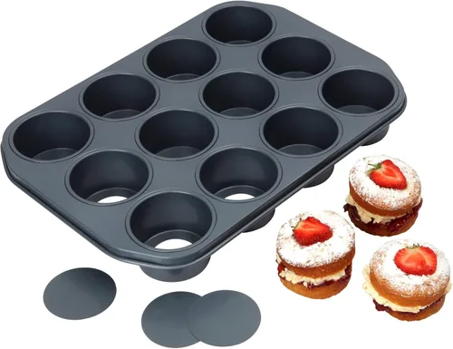 Vista 2 de Baker's Pride - Molde profesional de 12 tazas de postre antiadherente de calibre pesado de 3 x 1.75 pulgadas con bases sueltas
