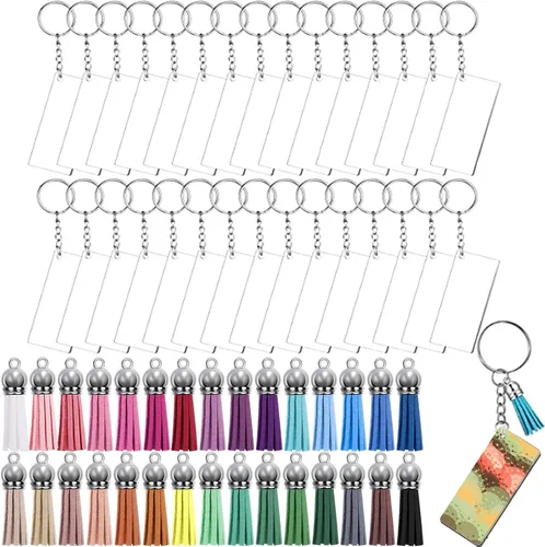 Vista 12 de Vilihkc - Juego de 120 llaveros acrílicos en blanco, incluye 30 piezas de acrílico en blanco, 30 borlas, 30 llaveros y 30 anillos de salto
