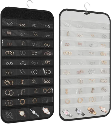 Vista 14 de Organizador colgante de joyas con 80 bolsillos de almacenamiento de doble cara, 1 paquete, color beige