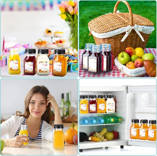 Vista 7 de Potchen 100 botellas vacías de plástico para jugo de 4 onzas con tapas, recipientes reutilizables transparentes a granel para bebidas con etiqueta