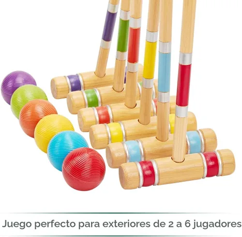 Vista 5 de ApudArmis Juego de Croquet para Seis Jugadores con Mazos de Madera de Goma Premium de 28 Pulgadas, Pelota de Colores, Arcos, Estacas – Juego