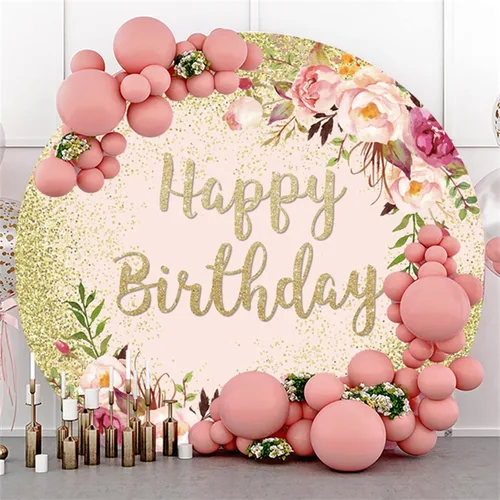 Vista 2 de Telón de fondo redondo de feliz cumpleaños, 5 x 5 pies, fondo de fotografía de flores rosas rosas Bokeh para bebés, niñas, mujeres, decoración