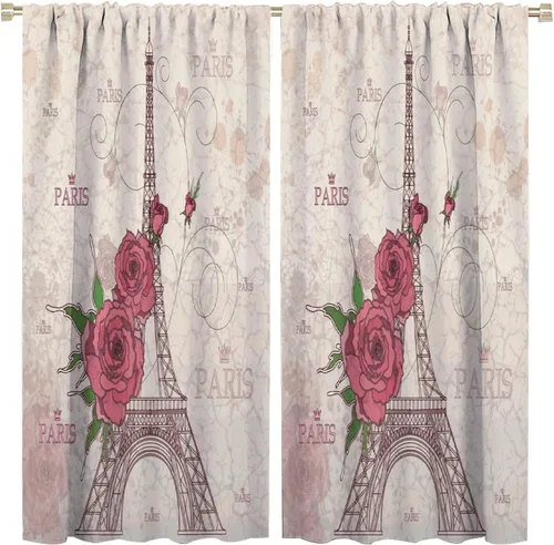 Vista 10 de Cortinas de la Torre Eiffel de París, pintura al óleo, flores moradas, torres de ciudad, con bolsillo para barra, cortinas de ventana
