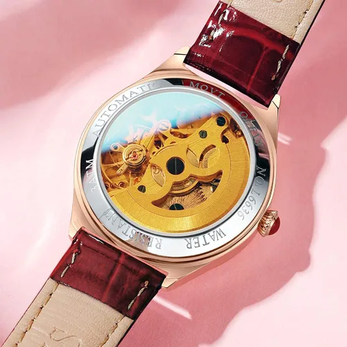 Vista 3 de OLEVS Reloj mecánico automático para mujer, correa de cuero, cuerda automática, reloj de pulsera para mujer, esfera de corazón de diamante