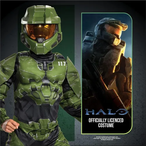 Vista 2 de Disfraz de Halo Infinite Master Chief overol con relleno acolchado musculoso para niños, inspirado en personaje de videojuegos
