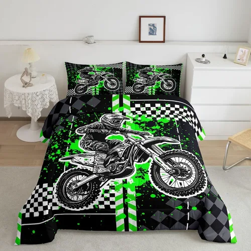 Vista 2 de Feelyou Kids Green Dirt Bike Duvet Insert Twin Size, Extreme Sports Comforter Set Boys Girls Motorbike Bedding Set Teens Bedroom Decor Microfiber