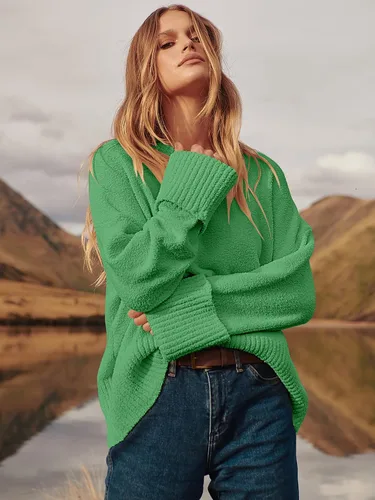 Vista 77 de LOGENE Suéter de gran tamaño para mujer, cuello redondo, manga larga, suave, mullido, suéter de punto 2025 para otoño e invierno