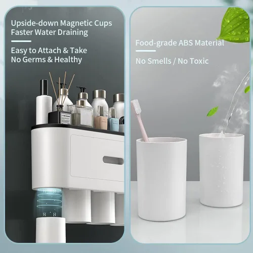 Vista 7 de Soportes para cepillos de dientes montados en la pared, soporte para cepillos de dientes con dispensadores automáticos de pasta de dientes, 6
