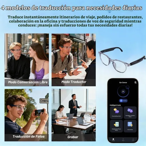Vista 5 de Ai - Lentes inteligentes Bluetooth 5.4 con traducción para hombres y mujeres más de 160 idiomas con cambio de color, lente de chat, asistente GPT