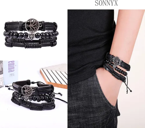 Vista 2 de SONNYX 44 pulseras de cuero trenzado para hombres y mujeres, pulseras tejidas de cáñamo, cuentas de madera, pulseras étnicas tribales, pulseras