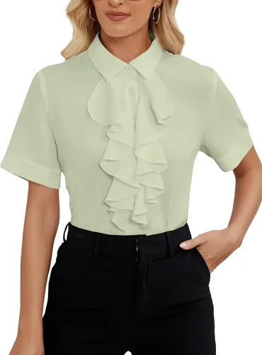 Vista 13 de Vrtige Women's Ruffle Front Collar Neck Button Down Short Sleeve Blouse Shirt Top