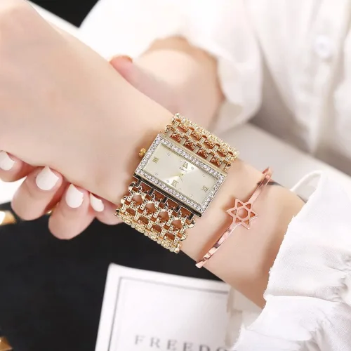 Vista 4 de Reloj de pulsera de cuarzo analógico con esfera cuadrada de cristal para mujer Dorado