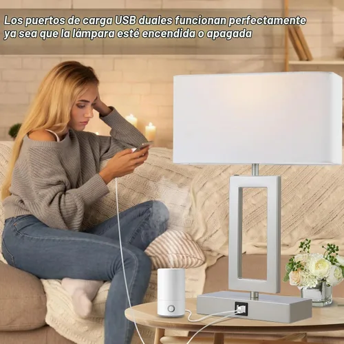 Vista 3 de gernehop - Juego de 2 lámparas de mesa plateadas con puertos USB duales, lámparas de noche con control táctil regulables de 3 vías, lámpara de mesa