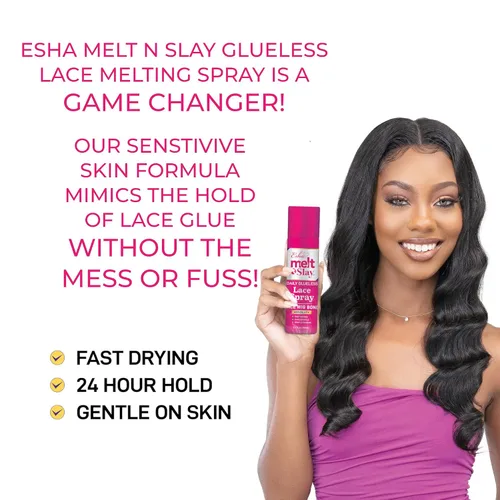 Vista 5 de Esha Melt N Slay - Spray de encaje sin pegamento, fusión y sujeción para pelucas, spray adhesivo de encaje para cerrar pelucas, extensiones, fuerte