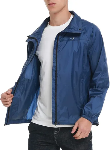 Vista 4 de KPSUN Chamarras impermeables para hombre, ligeras, cortavientos para ciclismo, correr, con capucha extraíble