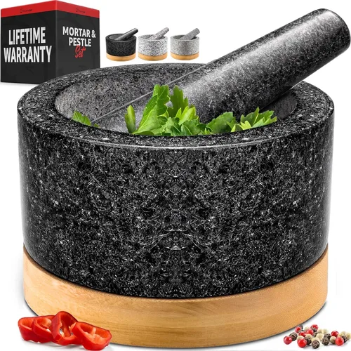 Vista 9 de Priority Chef Juego de mortero y mazo de alta resistencia con base de bambú, molinillo de piedra de granito 100% natural, tazón y machacador de Negro