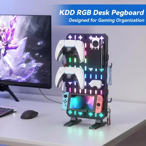 Vista 2 de KDD RGB Desk Pegboard Organizer - Compact Freestanding Gaming Desk Decor with Controller & Headphone Holder, Storage Box, Hooks, Phone Stand - No