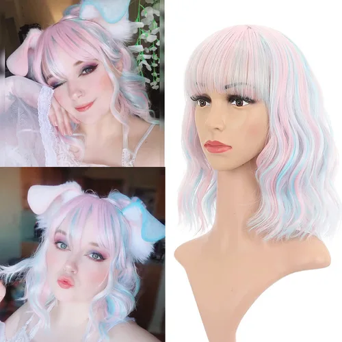 Vista 17 de VCKOVCKO - Peluca de cabello castaño claro rizada con flequillo de aire, onda natural rizada, peluca corta estilo Bob para mujer, longitud hasta