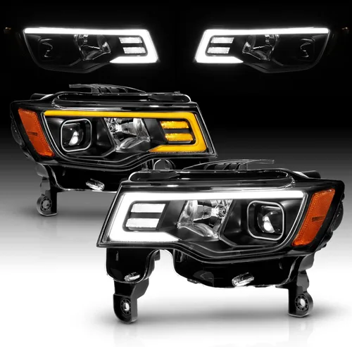 Vista 7 de AmeriLite - Conjunto de faros delanteros de repuesto para Jeep Grand Cherokee Switchback 2017-2022, faros de proyector cuadrados LED, negro, lado