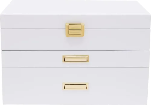 Vista 8 de LOYALHEARTDY Joyero de madera grande de 3 capas, organizador grande de joyería para mujeres, 2 cajones de almacenamiento para anillos, collares