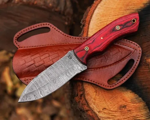 Vista 9 de Cuchillo de caza de acero de Damasco de hoja fija con funda de cuero de 9 pulgadas, cuchillo de caza de espiga completa, mango de madera