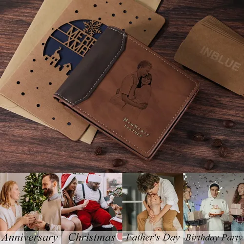 Vista 21 de INBLUE Billetera plegable grabada personalizada, cartera de cuero personalizada con foto y texto grabado, regalos para hombres, marido, papá, hijo