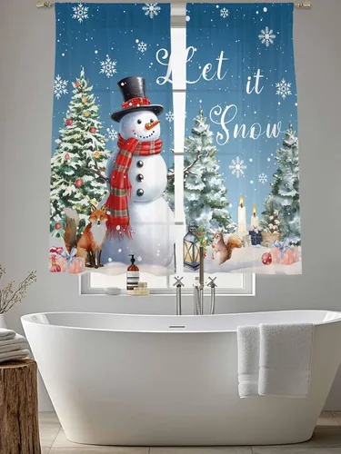 Vista 5 de Juego de 2 paneles de cortinas traslúcidas de Navidad de 63 pulgadas de largo, muñeco de nieve azul para dormitorio, sala de estar, bolsillo
