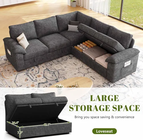 Vista 6 de Sofá modular modular de 85 pulgadas con cama extraíble, sofá cama, gris Gris-oscuro