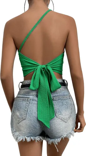 Vista 2 de SweatyRocks Camiseta sin mangas de un hombro para mujer, con lazo en la espalda, ajustada, para discoteca