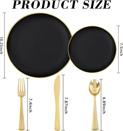 Vista 2 de YOUBET 125 piezas de platos de plástico negros y dorados - Platos desechables negros con borde dorado - Incluye 25 platos de cena, 25 platos