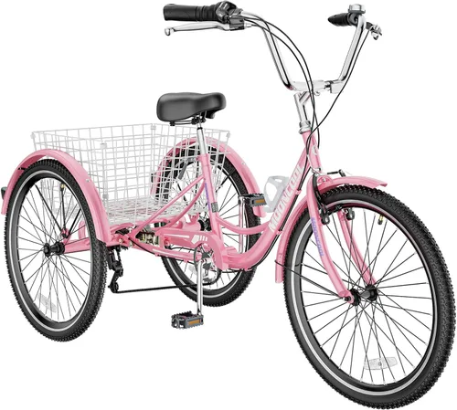 Vista 19 de MOONCOOL Triciclos para adultos de 3 ruedas y 7 velocidades, triciclos para adultos de 20/24/26 pulgadas, bicicleta de 3 ruedas con cesta