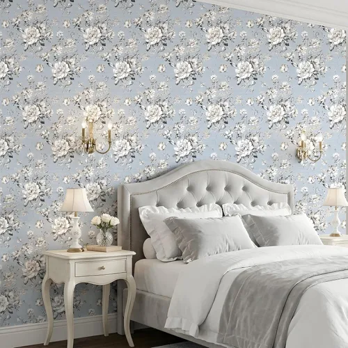 Vista 3 de ReWallpaper Papel tapiz azul para despegar y pegar, papel tapiz vintage azul y blanco, papel de pared adhesivo extraíble con flores, papel