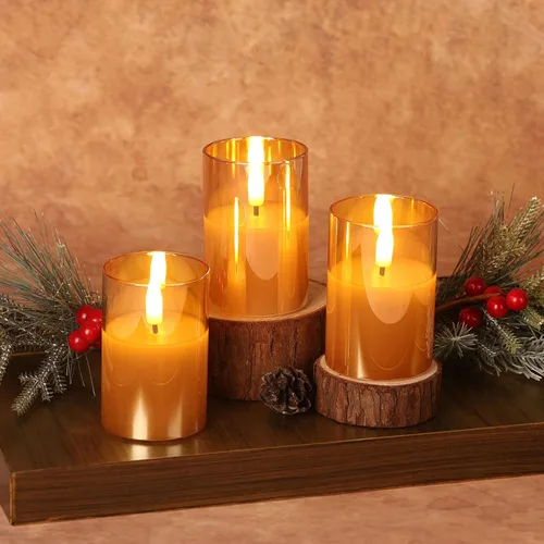 Vista 7 de Velas votivas sin llama de vidrio dorado con control remoto y temporizador, juego de 6 velas LED parpadeantes de cera real, pilar pequeño