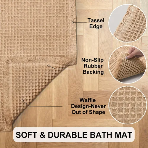 Vista 5 de Hiasan Tapete de baño de punto gofre, súper absorbente, antideslizante, con borlas, lavable a máquina, tapete con parte trasera de goma ultra suave