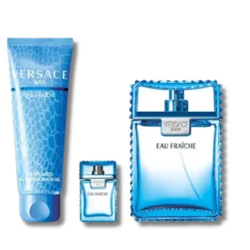 Vista 2 de Versace Man Eau Fraiche de Versace para hombres, set de 3 piezas que incluye: 3.4 oz de espray EDT + 5.0 oz de gel perfumado para baño y ducha +