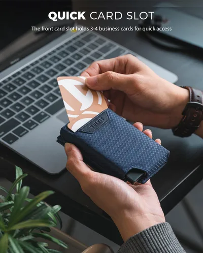Vista 2 de VULKIT Tarjetero desplegable plegable con compartimento para dinero, estuche para tarjetas de visita minimalista con bolsillo frontal, marino