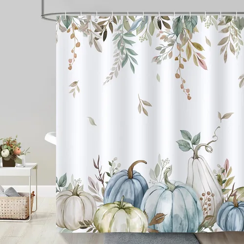 Vista 2 de Bonhause Cortina de ducha de calabaza de otoño, calabazas azules y verdes, hojas de otoño, decoración de baño de Acción de Gracias, 72 x 72