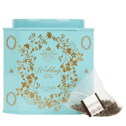Vista 2 de Harney & Sons Té de boda, té para matrimonio, lata de 30 unidades Té blanco con sabores a vainilla, limón y rosa. Contiene cafeína.