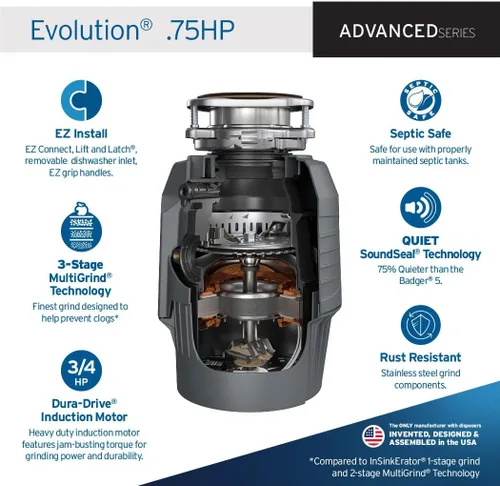 Vista 2 de InSinkErator EVOLUTION 0.75HP 3/4 HP, Advanced Series EZ Connect - Eliminación de basura de alimentación continua para alimentos y residuos