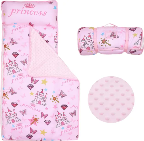 Vista 13 de Colchoneta portátil para siesta para niños con almohada extraíble y manta para niñas y niños, saco de dormir ligero extra grande para preescolar