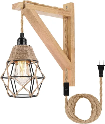 Vista 10 de Frideko - Juego de dos apliques de pared de madera enchufables, lámpara de pared rústica con cable de enchufe, accesorios de luz de pared