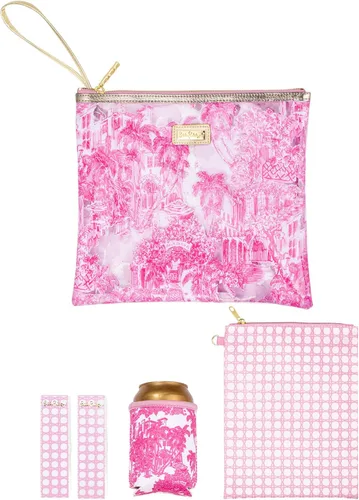 Vista 16 de Lilly Pulitzer Funda de vinilo resistente al agua para la playa, bolsa con cremallera incluye protector de bebidas, funda pequeña y clips para toalla