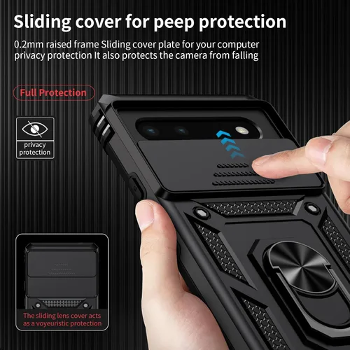 Vista 3 de Funda para Google Pixel 6 con cubierta para lente de cámara, protector de pantalla HD, protección contra caídas de grado militar de 10 pies, soporte