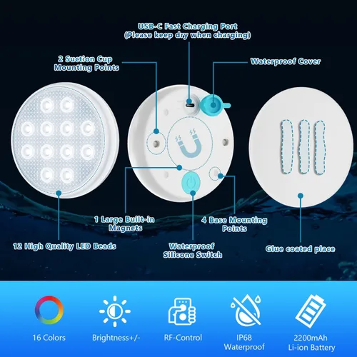 Vista 4 de QOLNBY - Luces de piscina, luces LED sumergibles recargables, luces impermeables subacuáticas IP68, luces flotantes tipo C con control remoto RF