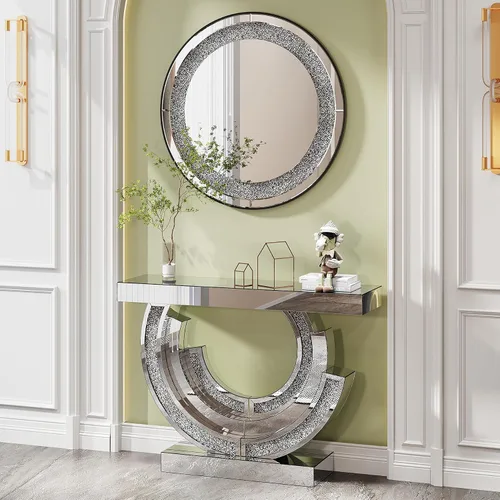 Vista 22 de SSLine Mesa de consola negra con espejo para sala de estar, mesa de entrada moderna de espejo de 43 pulgadas con base de cristal en forma de O