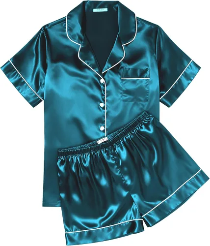 Vista 21 de Ekouaer Conjunto de pijama de satén de seda para mujer, suave, de manga corta, con botones, ropa para dormir, camiseta y pantalones cortos, juego