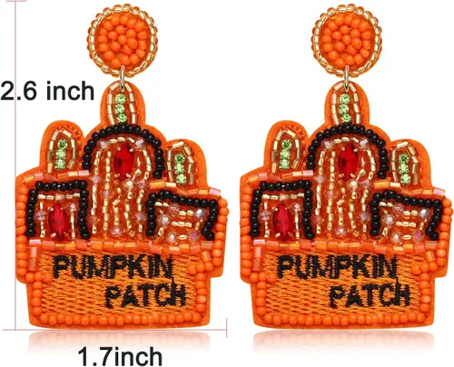 Vista 7 de Aretes de Halloween para mujer, lindos aretes colgantes de calabaza fantasma, con cuentas, espeluznante sombrero de bruja de calavera boo truco RIP